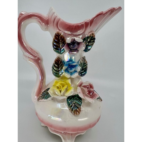 Vintage Ceramic Pitcher Vase Luster Ware Flowers Glazed Footed - Picture 9 of 12